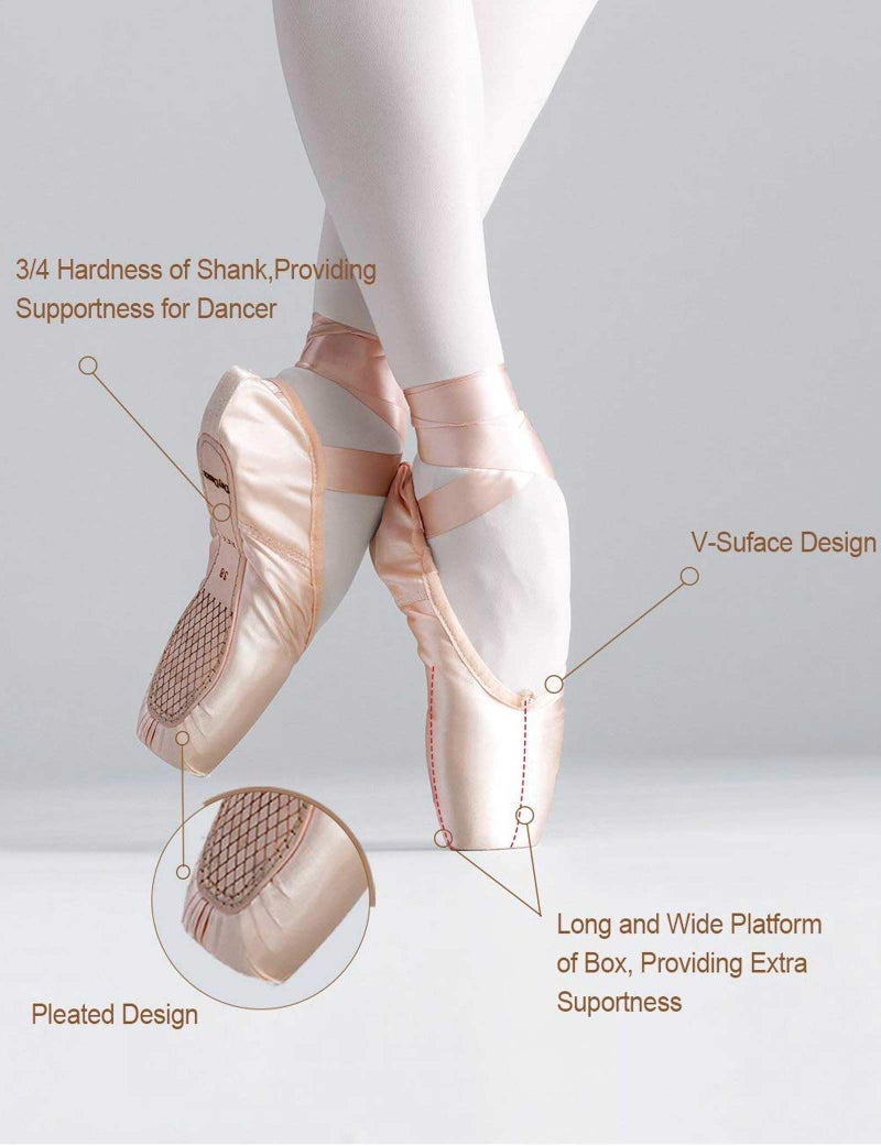 Daydance Women's Pointe Shoes Pink Ribbon Ballerina Ballet Shoes with Silicone Toe Pads (Light Pink, 6) - Image 2